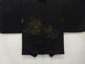 漆　橋に樹木風景模様織り出し　一つ紋　絵羽織